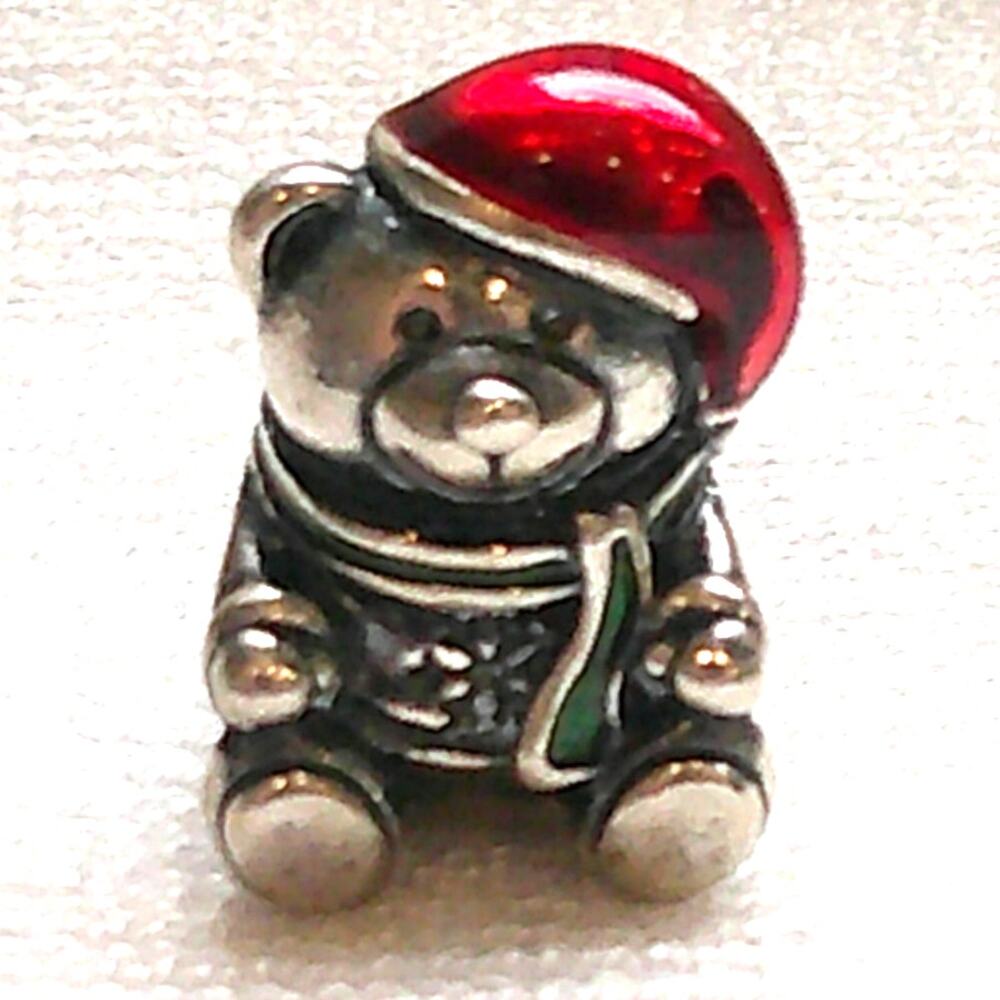 925 Sterling Silver Christmas Teddy Bear Charm Red Enamel Santa Holiday Bead